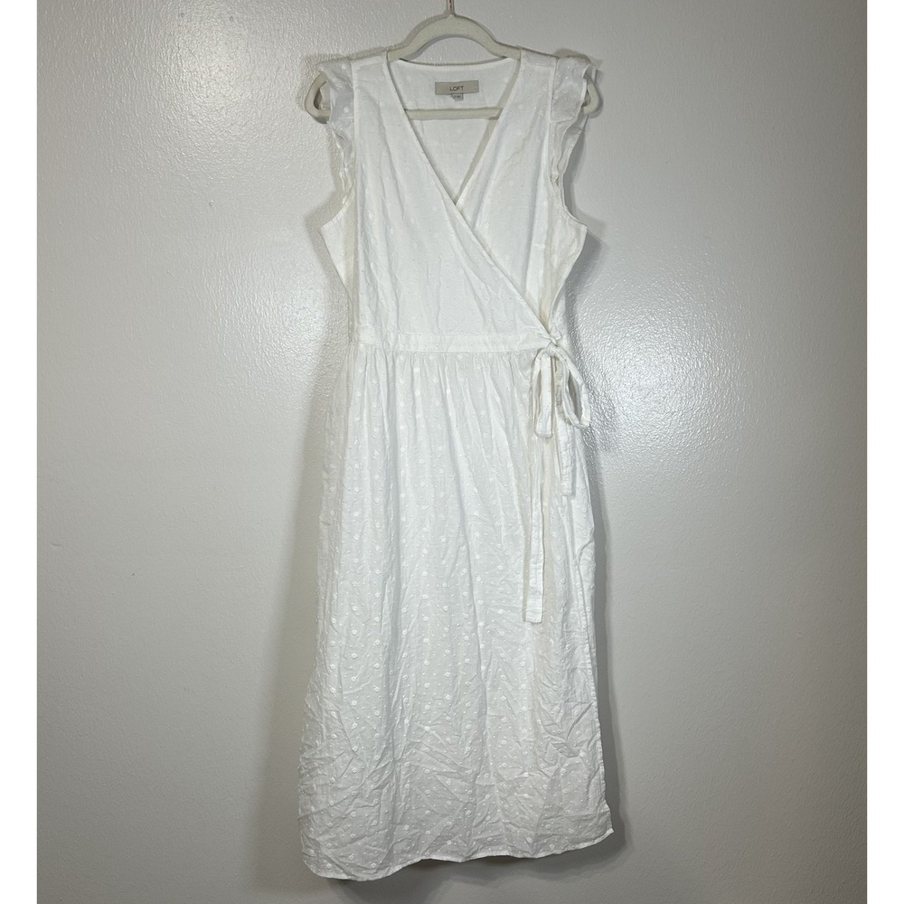 LOFT Floral Embroidered White Wrap Dress Tie Waist Beachy Coastal Womens M